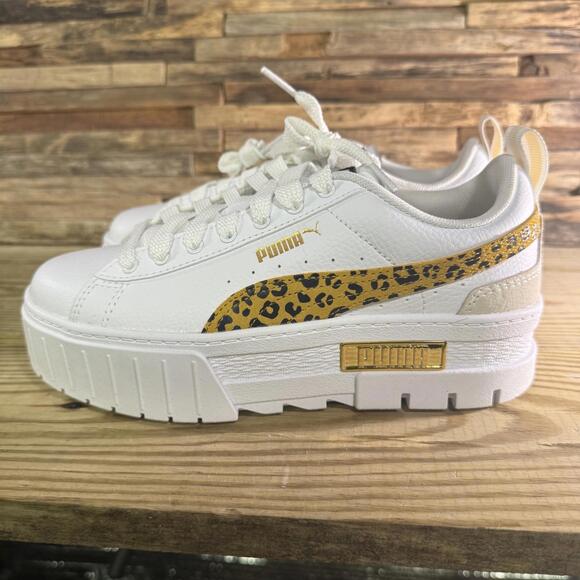 Puma Mayze Roar Jr White Platform Puma Team Gold With Cheetah Junior Girls 5C - Picture 1 of 7